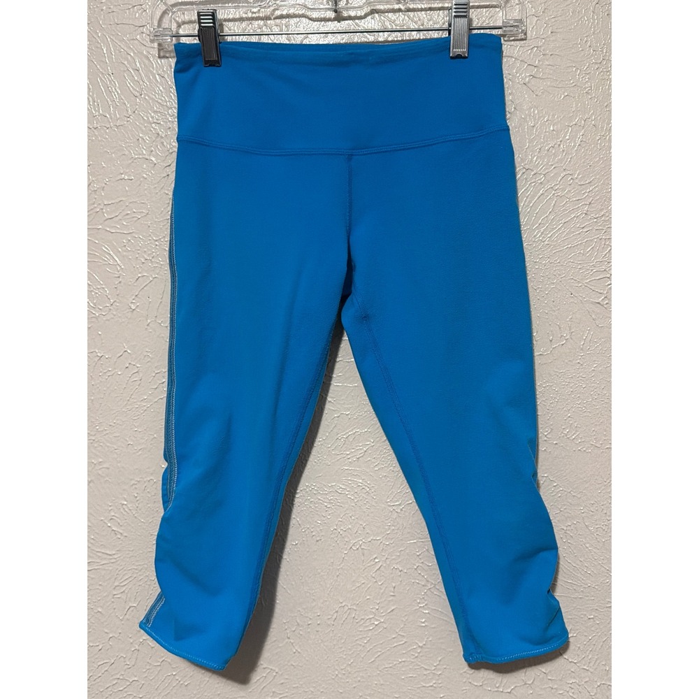 Lululemon Athletica Blue Ruched Cropped Leggings Capri Reflective Trim Womens 4
